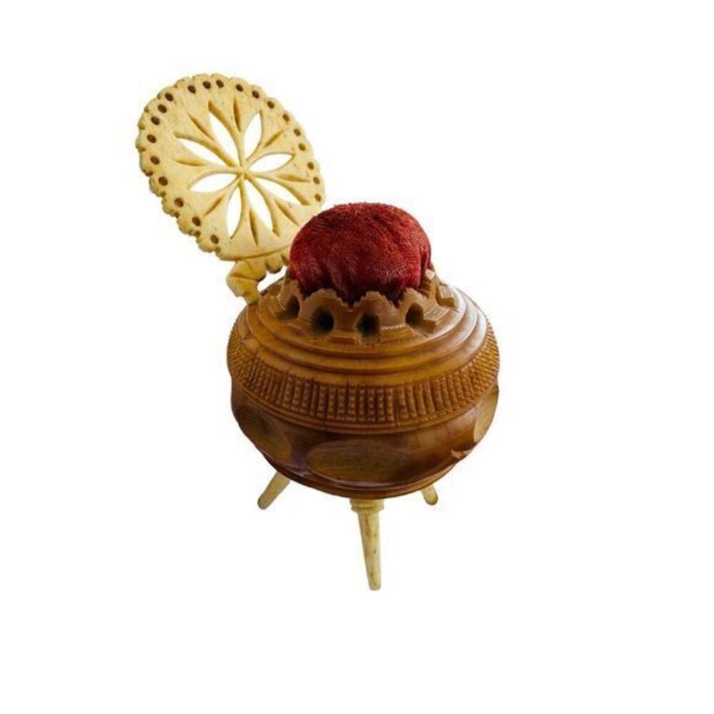 Antique Victorian‎ Carved Tagua Nut Coquilla Nut Mini Chair Red Pin Cushion